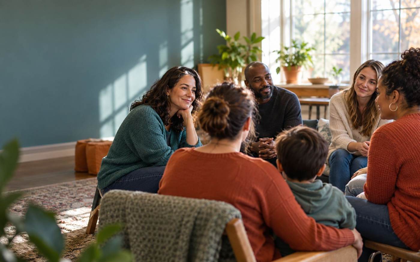 Illustrative scene of adults and a family gathered in conversation